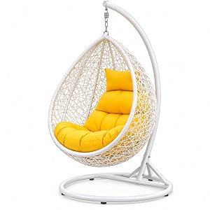 anantdrishti metal white swing chair with yellow cushion amp stand  vibrant single seater hanging chair  uv wicker design for garden balcony lounge or indoor use