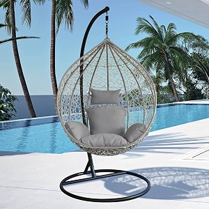 anantdrishti silver metal swing chair with silver cushion amp stand  modern single seater hanging chair  uv resistant wicker  for indoor outdoor balcony lounge