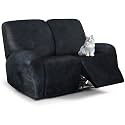 ANARACHON Leather Look Loveseat Recliner Cover, 6-Pieces Stretch Dual Recliner Sofa Covers, Soft Reclining Couch Slipcover, Washable Furniture Protector for Pets (2 Seater,02 Deeper Blue)