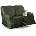 ANARACHON Leather Look Loveseat Recliner Cover, 6-Pieces Stretch Dual Recliner Sofa Covers, Soft Reclining Couch Slipcover, Washable Furniture Protector for Pets (2 Seater,02 Forest Green)