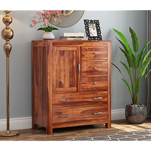 5 drawer chest of drawers and dresser with shelf handcrafted from solid sheesham woodhoney finish