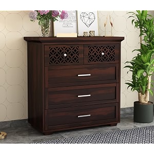 home furniture sheesham wood chest of drawers 5 for living room  sideboard cabinet storage  kitchen cabinet  bedroom hall home office furniture walnut finish