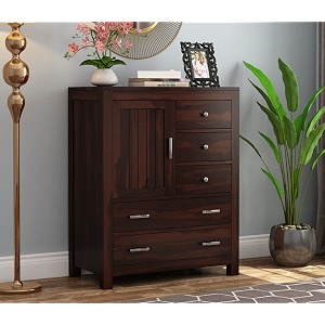 rustic 5 drawer chest of drawers and dresser with shelf handcrafted from solid sheesham wood walnut finish