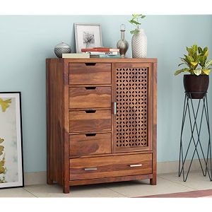 solid sheesham wood 5 drawer chest of drawers with 2-shelf storage and spacious dresser for hall home office furniture kitchen cabinet klias honey finish