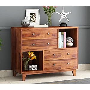 anchorwood solid sheesham wood wooden chest of drawers with 4 drawers and 2 shelf for storage  multipurpose multiuse cabinet for bedroom kitchen living room honey finish