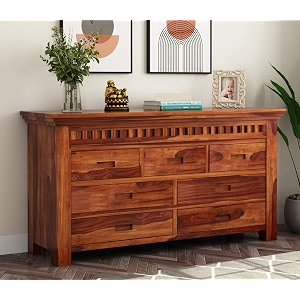 solid sheesham wood wooden chest of drawers with 7 drawer storage  multipurpose sideboard cabinet rack display unit for bedroom kitchen cabinet honey finish