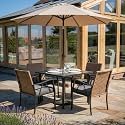 5-Piece Patio Dining Set for 4, Outdoor Dining Set with 4 Wicker Patio Dining Chairs with Cushions &amp; 1 Black Square Woodgrain Dining Table with 1.75" Market Umbrella Hole, Black &amp; Brown