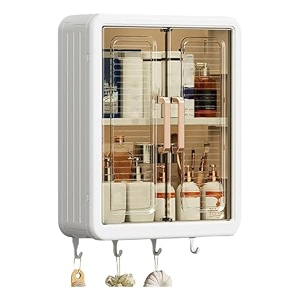 andgogo wall mounted bathroom shelf kitchen cabinet cosmetics makeup storage organizer with magnetic door and hooks for towel kicthen utensil dustproof over toilet rack b