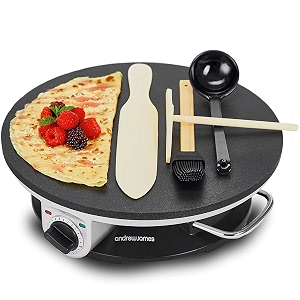 andrew james crepe and pancake maker  33cm 13 inch non-stick electric hotplate for pancakes  includes four crepe making tools  1200w temperature and thermostatic control