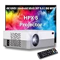 Andriod 5G WiFi Projector Home 4K Support 1080P Smartphone Full HD Portable Builtin YouTube Other Apps Auto Keystone 4000 Lumens 200" Screen Compatible 4K TV Stick (HHPX5)