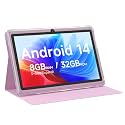 Android 14 Tablet 7 inch Tablets with Case, 8GB RAM 32GB ROM 1TB Expand, Quad-Core Processor Tablet PC, 1024 x 600 IPS Screen, Dual Camera, 3000mAh Battery, Bluetooth, WiFi, GMS, Widevine L1, Pink