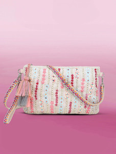 anekaant multicolor sling bag glid natural  pink striped sequined cotton handloom  leatherette sling bag