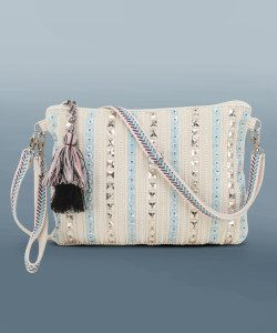 anekaant white blue sling bag glid natural  blue striped sequined cotton corduroy  leatherette sling bag