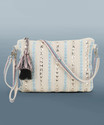 Anekaant White, Blue Sling Bag Glid Natural & Blue Striped Sequined Cotton Corduroy & Leatherette Sling Bag