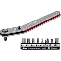 ANEX Ultra Low Profile Offset Ratcheting Screwdriver and Hex Wrench 90 Degree For Tight Area (Magnetic 9 Bits Set) Upwards Angled Head, Red