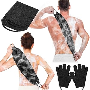 anezus exfoliating back scrubber bath gloves set exfoliating shower towel with shower gloves for body scrub back cleaner wash gloves to remove dead skin black
