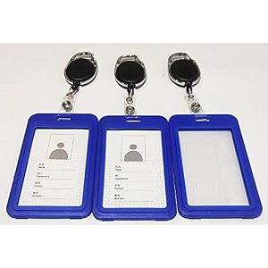 ang plastic id card holder with black oval key chain for officeschool vertical blue pack of 3pcs
