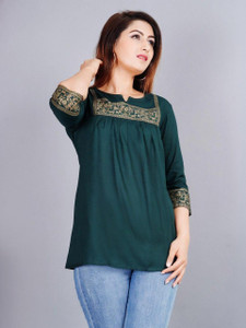 Angarkha Casual Embroidered Floral Print Women Green