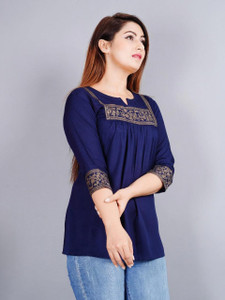Angarkha Casual Embroidered Floral Print Women Blue