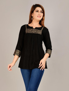 Angarkha Casual Embroidered Floral Print Women Black