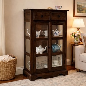angel furniture solid sheesham kitchen medium storage crockery cabinet in walnut finish semi gloss 75x35x120cm