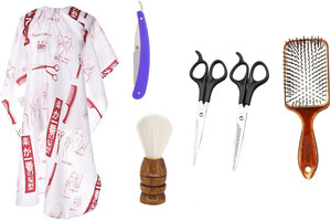 angel infinite combo of hair cutting apron cape white straight razor blue scissors black paddle hair brush and shaving brush set of 6 6 items in the set