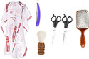 Angel Infinite Combo Of Hair Cutting Apron Cape (White), Straight Razor (Blue), Scissors (Black), Paddle Hair Brush and Shaving Brush Set of 6 (6 Items in the set)
