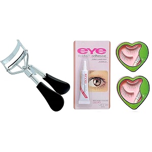 angelie combo of eyelash curlerwaterproof eyelash glue and heart shape false eyelashes pack of 2 for women set of 4