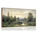 ANHUIB Abstract Monet Forest Canvas Wall Art 40x20 Inch Vintage Framed Sage Green Nature Painting Textured Neutral Woodland Landscape Artwork Prints Set of 3 Impressionist Pine Tree River Print for Living Room Bedroom Office
