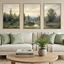 ANHUIB Abstract Monet Forest Canvas Wall Art 24x36 Inch Vintage Framed Sage Green Nature Painting Textured Neutral Woodland Landscape Artwork Prints Set of 3 Impressionist Pine Tree River Print for Living Room Bedroom Office