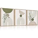 ANHUIB Boho Abstract Wall Art Canvas,Sage Green Wall Decor Framed,Geometric Line Art Prints Leaves,Minimalist Artwork Botanical,3 Piece 16x12In Beige Nature Painting for Living Room Bedroom