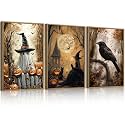 ANHUIB Large Vintage Halloween Wall Art Spooky Ghost Witch Wall Decor Black Cat with Crow Painting 16x24 Inch Set of 3 for Living Room Bedroom