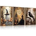 ANHUIB Large Vintage Halloween Wall Art Spooky Ghost Witch Wall Decor Black Cat with Crow Painting 24x36 Inch Set of 3 for Living Room Bedroom