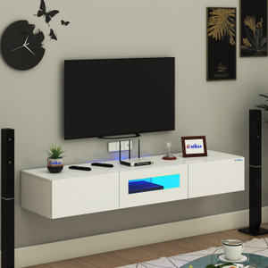 anikaa lucen wall mount modern floating tv unit with storage cabinet  blue led light engineered wood tv entertainment unit