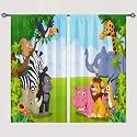 Animal Curtains W28 x L48 Inch Rod Pocket Kids Jungle Safari Wildlife Zoo Elephant Giraffe Lion Print Pattern Privacy Fabric Window Drapes for Boys Bedroom Nursery Baby Playroom 2 Panels