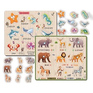 animals and sea animals wooden peg puzzle combo  montessori educational board for kids  wild amp ocean learning toy  early learning puzzle for toddlers