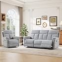 ANJ 2-Piece Manual Recliner Sofa Set, Recliner Chair and 3 Seat Reclining Sofa with Overstuffed Backrest and Supportive Backrest, Fabric Reclining Couch Set for Living Room, Silver