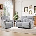 ANJ 2-Piece Manual Recliner Sofa Set, Recliner Chair and Loveseat with Padded Armrests and Supportive Backrest, Fabric Reclining Couch Set for Living Room, Silver