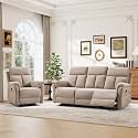 ANJ 2-Piece Manual Recliner Sofa Set, Recliner Chair and 3 Seat Reclining Sofa with Overstuffed Backrest and Supportive Backrest, Fabric Reclining Couch Set for Living Room, Camel