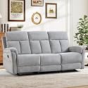 ANJ Manual Reclining Sofa, 3-Seat Recliner Couch with Padded Arms and Supportive Backrest, Comfortable Fabric Reclining Sofas for Living Room, Silver