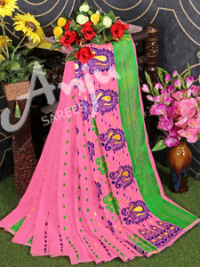 anju sarees floral print jamdani cotton blend cotton linen saree pink