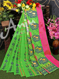 anju sarees floral print jamdani cotton blend cotton linen saree green
