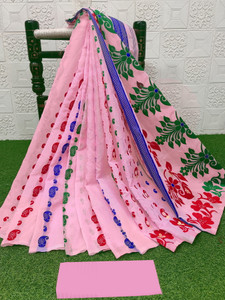 anju sarees floral print jamdani cotton blend cotton linen saree pink