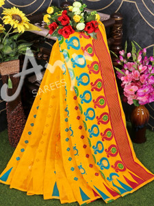 anju sarees floral print jamdani cotton blend cotton linen saree yellow