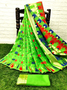 anju sarees floral print jamdani cotton blend cotton linen saree green