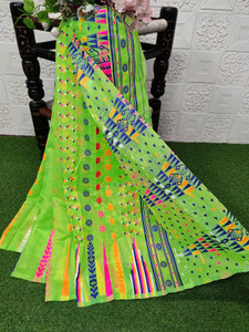 anju sarees floral print jamdani cotton blend cotton linen saree green