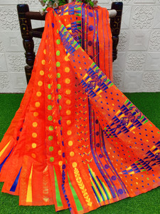 anju sarees floral print jamdani cotton blend cotton linen saree orange
