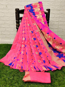 anju sarees floral print jamdani cotton blend cotton linen saree pink