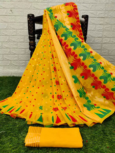 anju sarees floral print jamdani cotton blend cotton linen saree yellow red