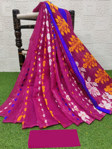 anju sarees floral print jamdani cotton blend cotton linen saree pink